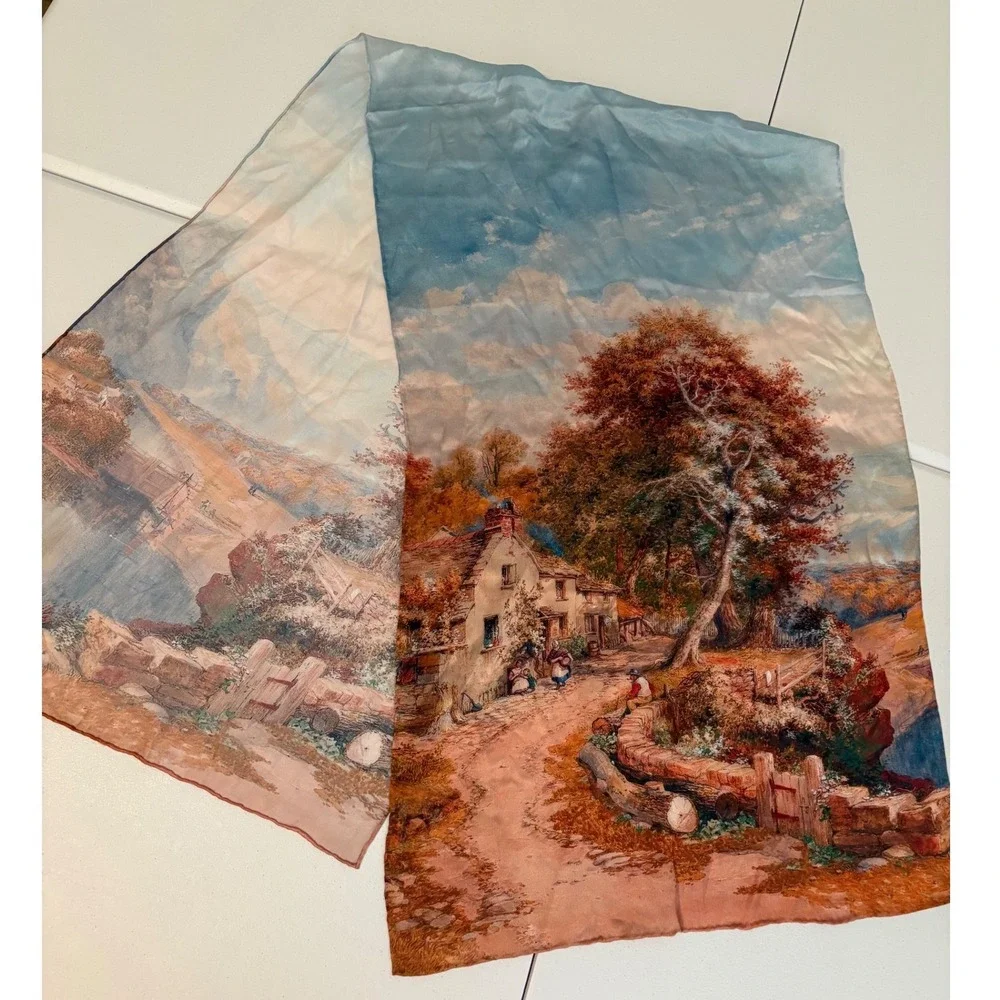 Vintage 100% Silk Scarf Italy Cottage Landscape Oil Painting Print Blue Brown yy